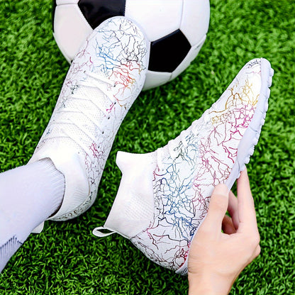 Men's Trendy Color Intrigue Striped TF Football Shoes With Collar, Professional Non Slip Durable Soccer Shoes For Outdoor Training Competition, All Seasons