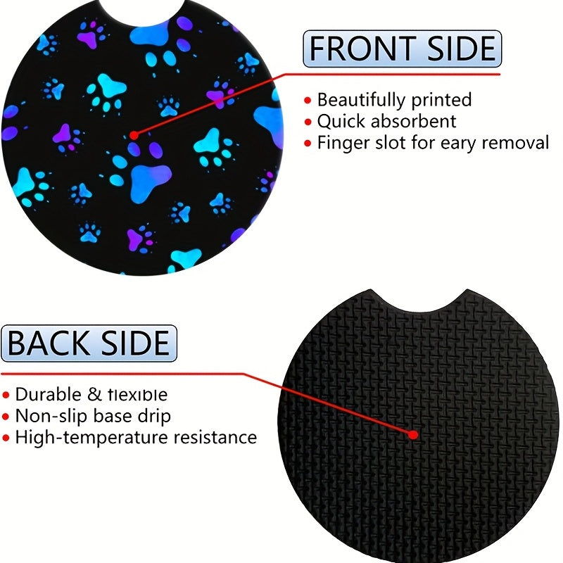 2-Pack Blue Dog Paw Car Cup Holder Coasters - Absorbent Rubber Decal Decor Accessories For Women & Men