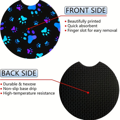 2-Pack Blue Dog Paw Car Cup Holder Coasters - Absorbent Rubber Decal Decor Accessories For Women & Men