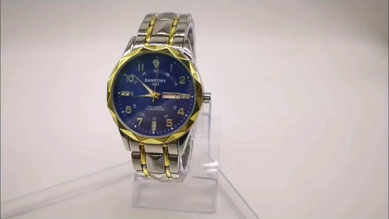 Banbony Men's Casual Stainless Steel Quartz Watch with Rhinestone Accents, Round Dial, Glow in Dark, Water-Resistant IPX7, Date Calendar Feature, Electronic Movement, Alloy Strap - Multifunctional Fashion Watch for Daily, Tra