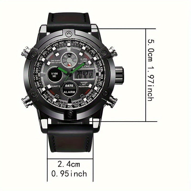 Dual-display Fashion Watch Leather Belt Men's Watch Multi-function Sports Electronic Watch Ideal Choice For Gifts