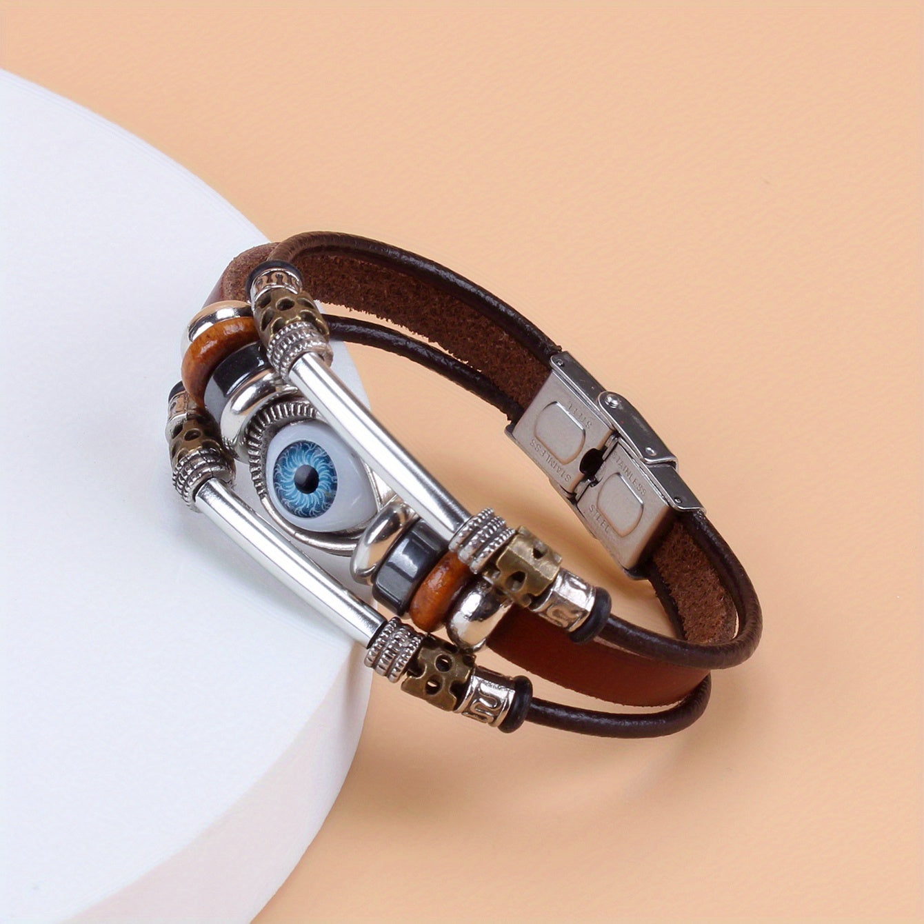 Eye Beaded Bracelet With PU Leather Chain Punk Style Hand Jewelry