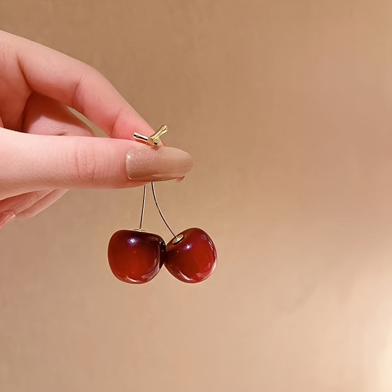 1pc, Fruit Cherry Drop Earrings, Red Fruit Fashion Jewelry, Size 2.11cm X 4.32cm