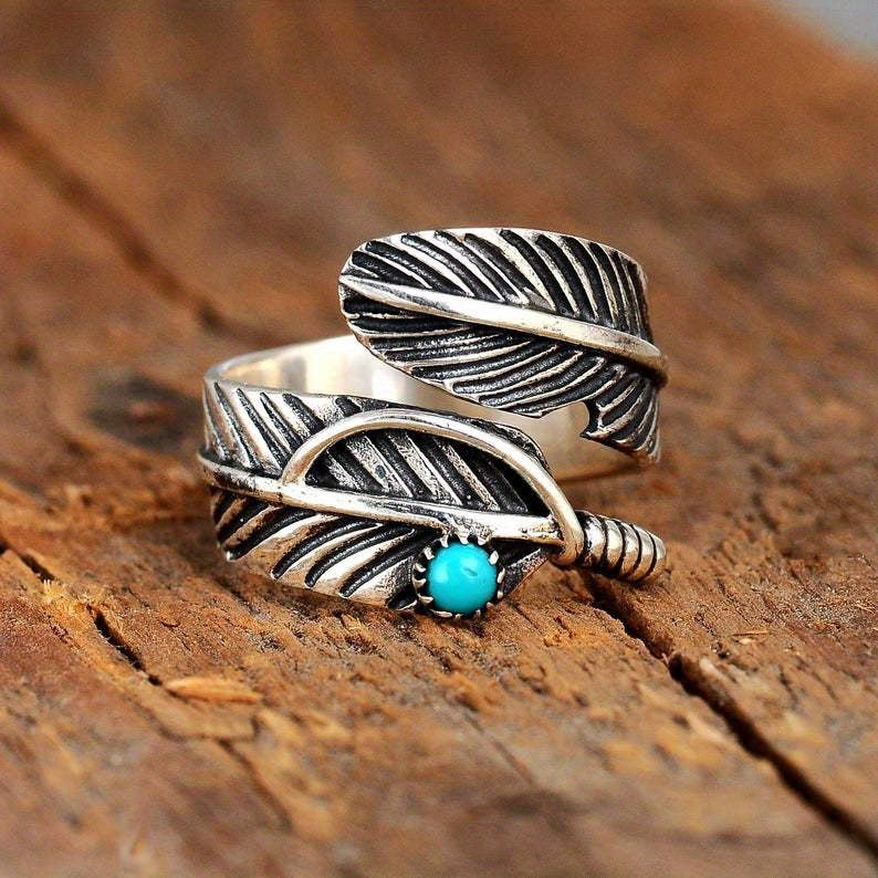 Vintage Feather Turquoise Open Ring Jewelry For Women