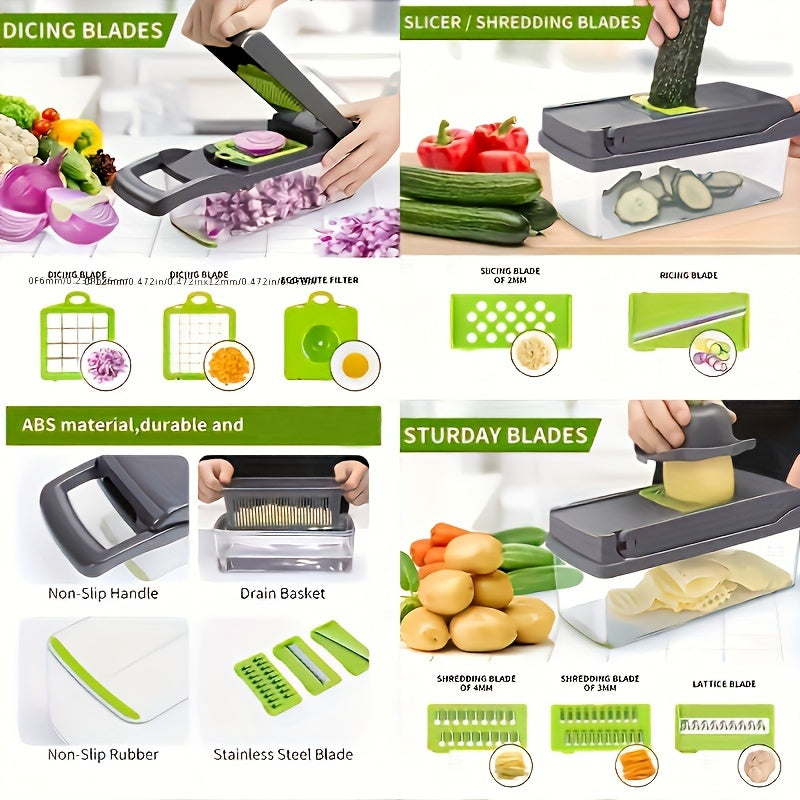 1 Set, 16in1 Vegetable Chopper, Multifunctional Fruit Slicer, Manual Food Grater, Vegetable Slicer, Cutter With Container And 8 Blades, Onion Mincer Chopper, Household Potato Shredder, Kitchen Stuff, Kitchen Gadgets, Dorm Ess