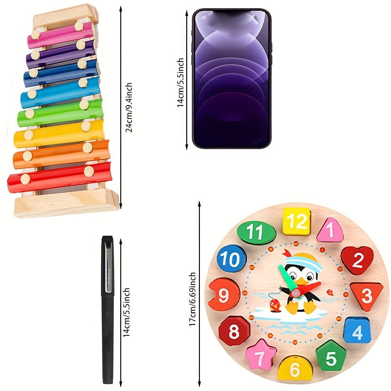 5-in-1 Montessori Nursery Wooden Eight Piano Set Gifts, Enlightenment Clock Toys, Caterpillar Shaped, Multifunctional Teaching Toys, Building Blocks Focus Exercise Toys