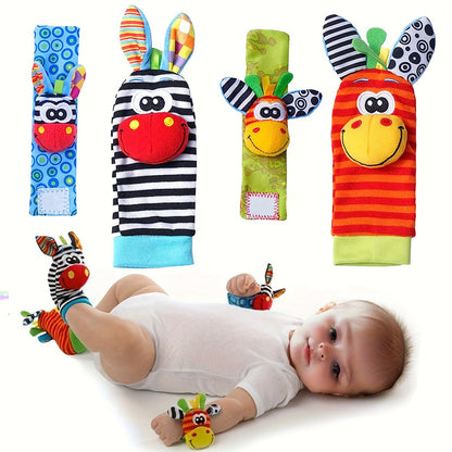 4pairs Baby Wrist Rattles Sock Toys, Newborn Baby Sock Toys 0-6 Months Foot Finder And Cartoon Cute Animal Set, Infant Rattle Socks Toy 3-6 Months, Soft Sensory Toys For 0-12 Months Toddler Newborns Boy Girl Gift