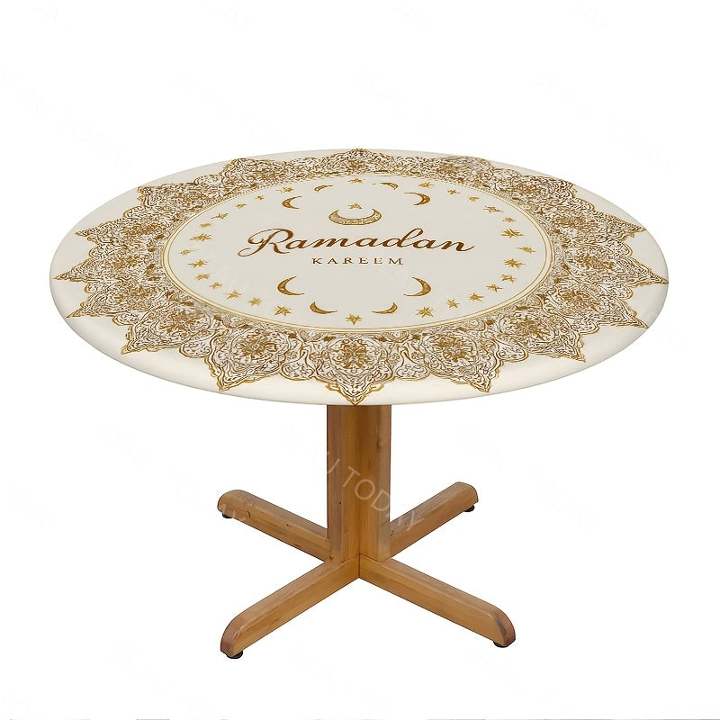 1pc, Ramadan Kareem Polyester Round Elastic Tablecloth, Golden Geometric Frame, Eid Mubarak Decoration Outdoor Farmhouse Tablecloth, Restaurant Kitchen, Ramadan Mubarak Eid Al-Fitr Decorations Holiday Party, Home Decoration_Y