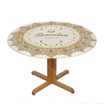 1pc, Ramadan Kareem Polyester Round Elastic Tablecloth, Golden Geometric Frame, Eid Mubarak Decoration Outdoor Farmhouse Tablecloth, Restaurant Kitchen, Ramadan Mubarak Eid Al-Fitr Decorations Holiday Party, Home Decoration_Y