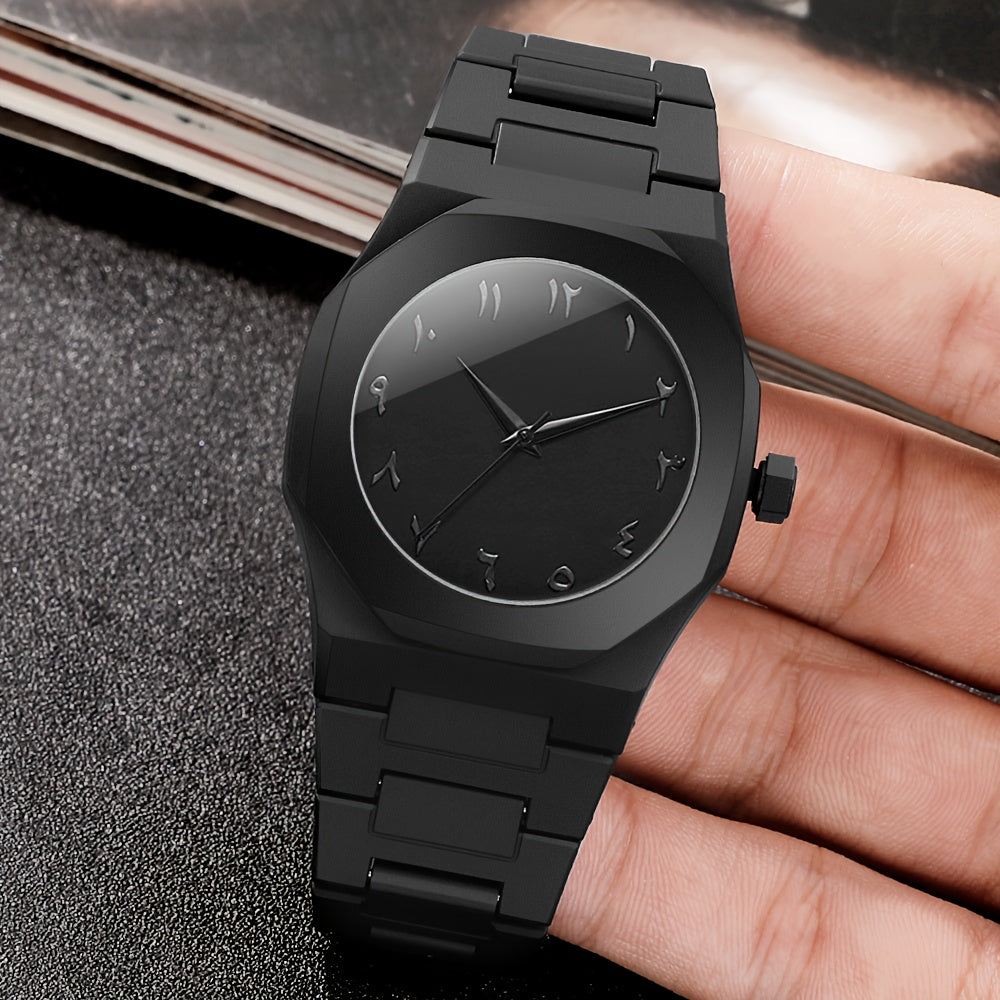 4pcs Men's Luxury Quartz Watch & Accessory Gift Set - Black Modern Polygonal Dial Analog Watch with Black Dial & White Hands, Black Strap, Matching Necklace & Ring - Battery-Powered Quartz Movement, Ideal Christmas/Birthday G