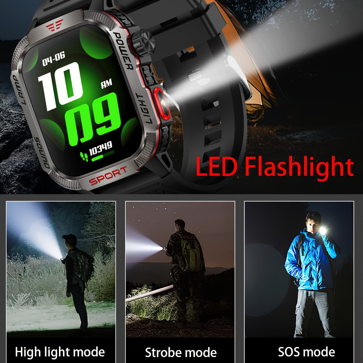 [600 Battery Smartwatch] Waterproof Rugged Outdoor Smartwatch | Receive/Make Call, For iPhone & Android, With LED Flashlight, Fitness, 600 Battery