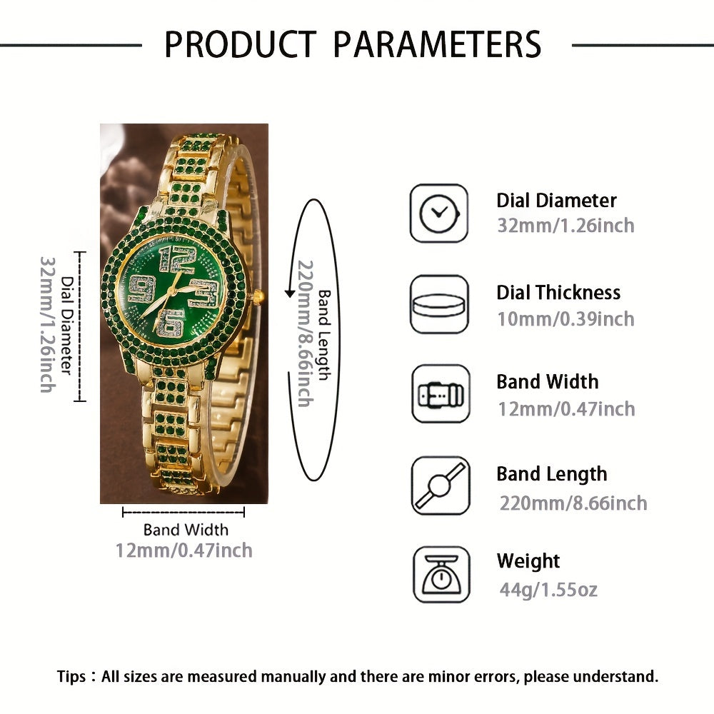 "Dazzling Digital" Luxury 6-Piece Women'S Fashion Set: Green Rhinestone Quartz Watch With Gold Band & Matching Jewelry - Perfect Gift For Her